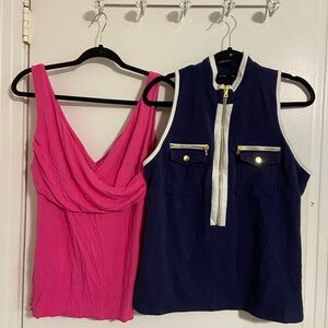 2 Boston Proper business casual sleeveless tops Navy Blue W/gold Zipper Pink L